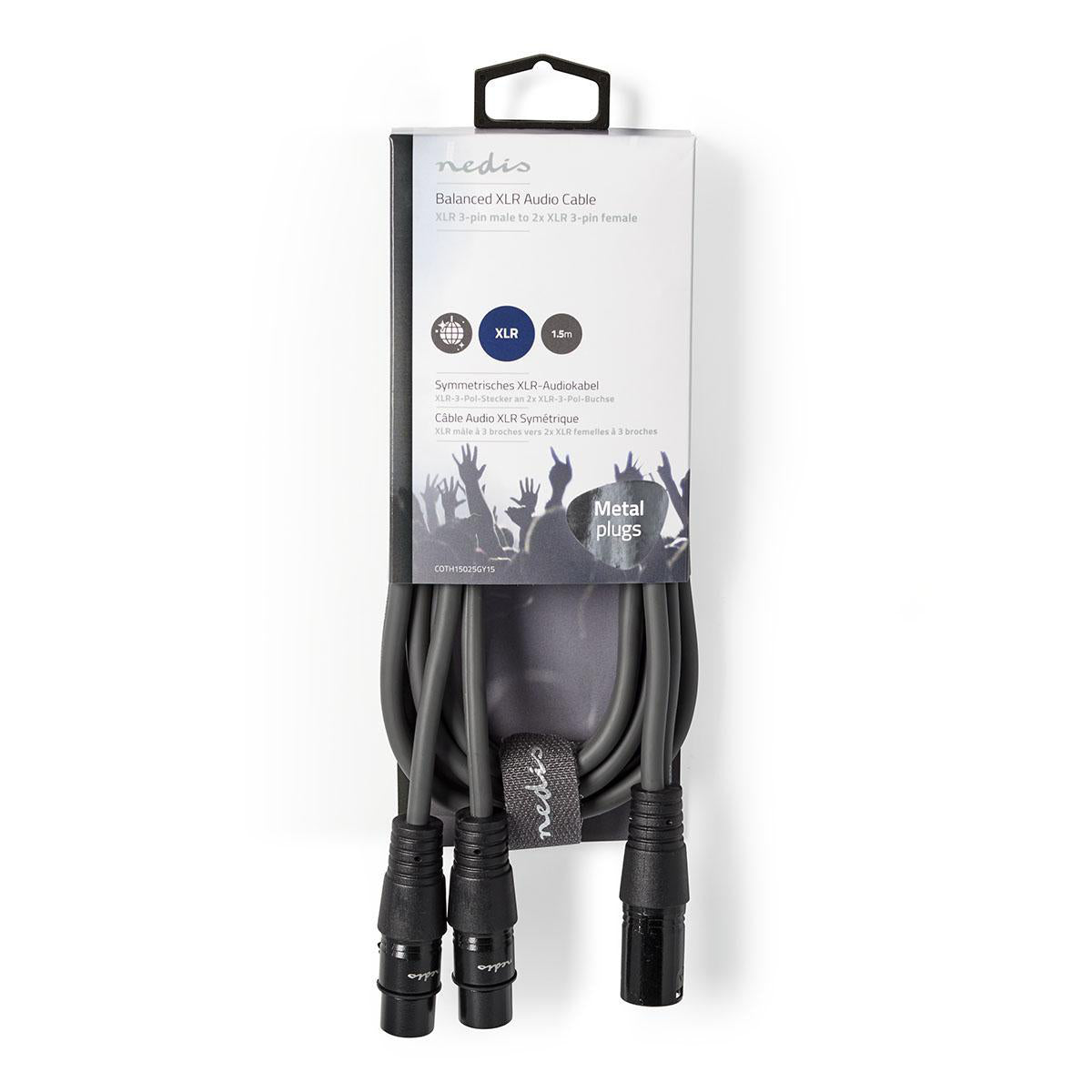 Balanced Audio-Kabel | XLR 3-Pin Stecker | 2x XLR 3-Pin Buchse | Vernickelt | 1.50 m | Rund | PVC | Dunkelgrau | Kartonhülle