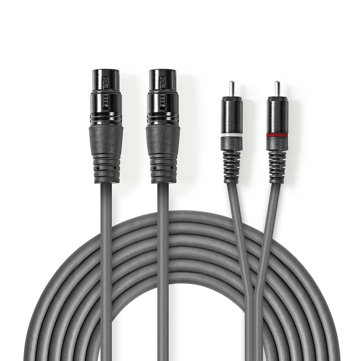 Balanced Audio-Kabel | 2x XLR 3-Pin Buchse | 2x RCA Stecker | Vernickelt | 3.00 m | Rund | PVC | Dunkelgrau | Kartonhülle