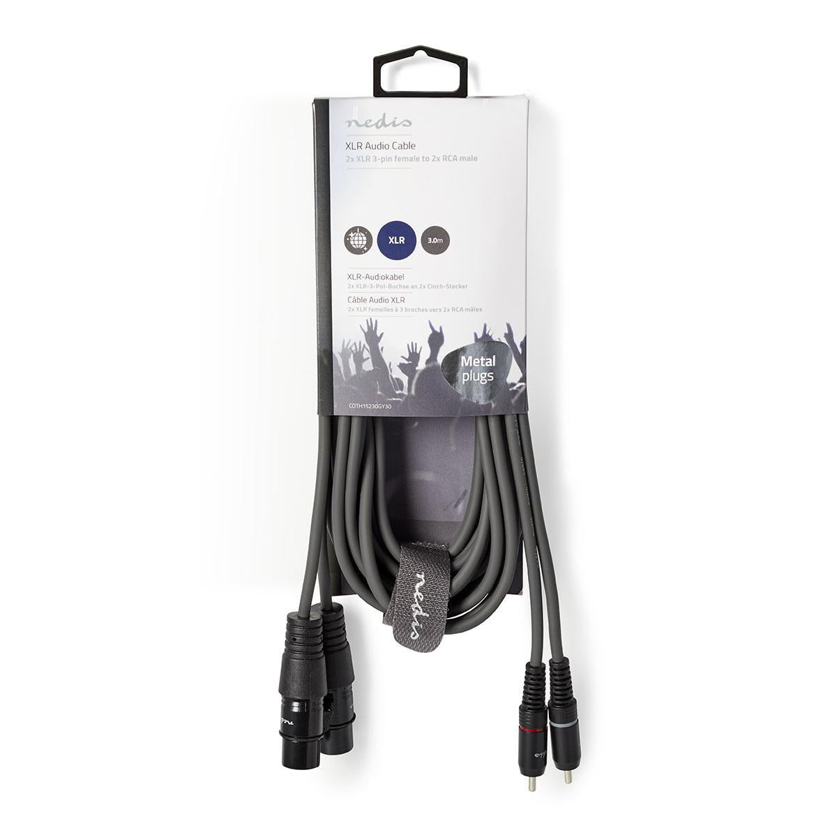 Balanced Audio-Kabel | 2x XLR 3-Pin Buchse | 2x RCA Stecker | Vernickelt | 3.00 m | Rund | PVC | Dunkelgrau | Kartonhülle