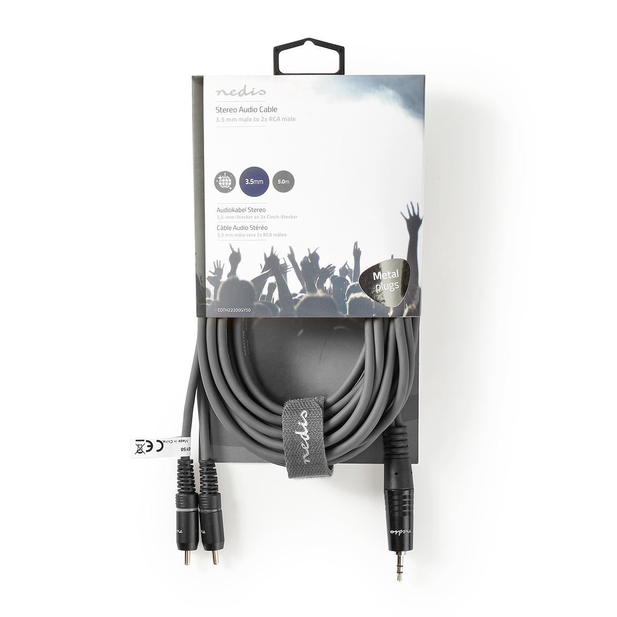 Stereo-Audiokabel | 3.5 mm Stecker | 2x RCA Stecker | Vernickelt | 5.00 m | Rund | Dunkelgrau | Kartonhülle