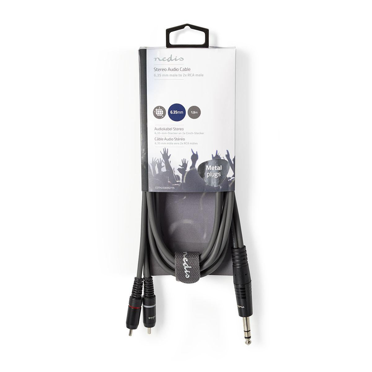 Stereo-Audiokabel | 6.35 mm Stecker | 2x RCA Stecker | Vernickelt | 1.50 m | Rund | Dunkelgrau | Kartonhülle