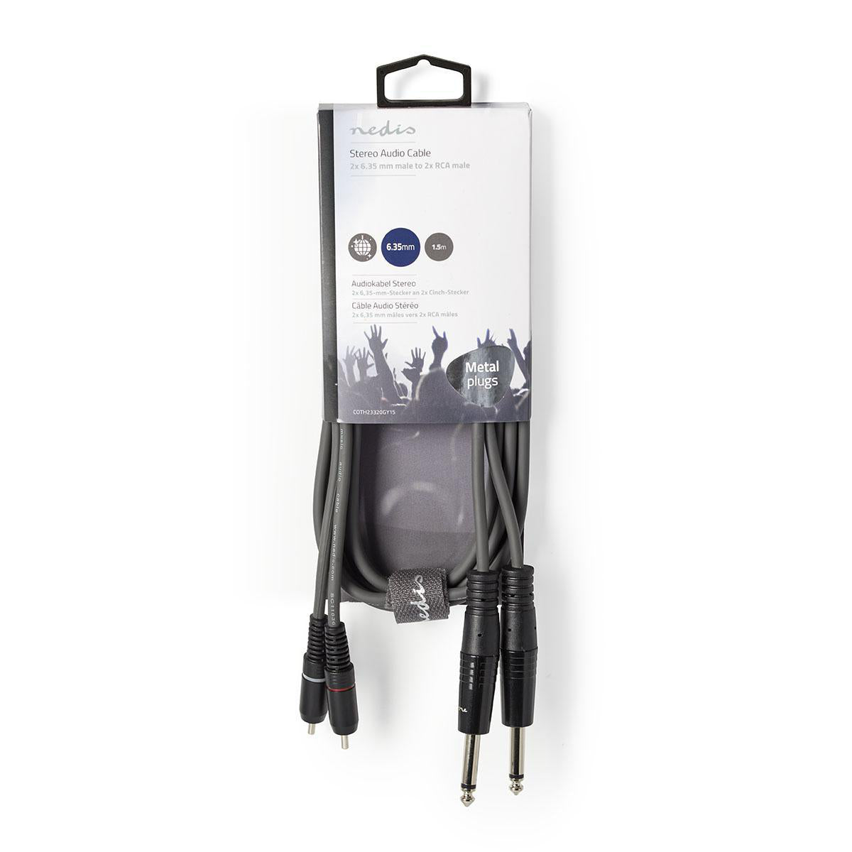 Stereo-Audiokabel | 2x 6.35 mm Stecker | 2x RCA Stecker | Vernickelt | 1.50 m | Rund | Dunkelgrau | Kartonhülle