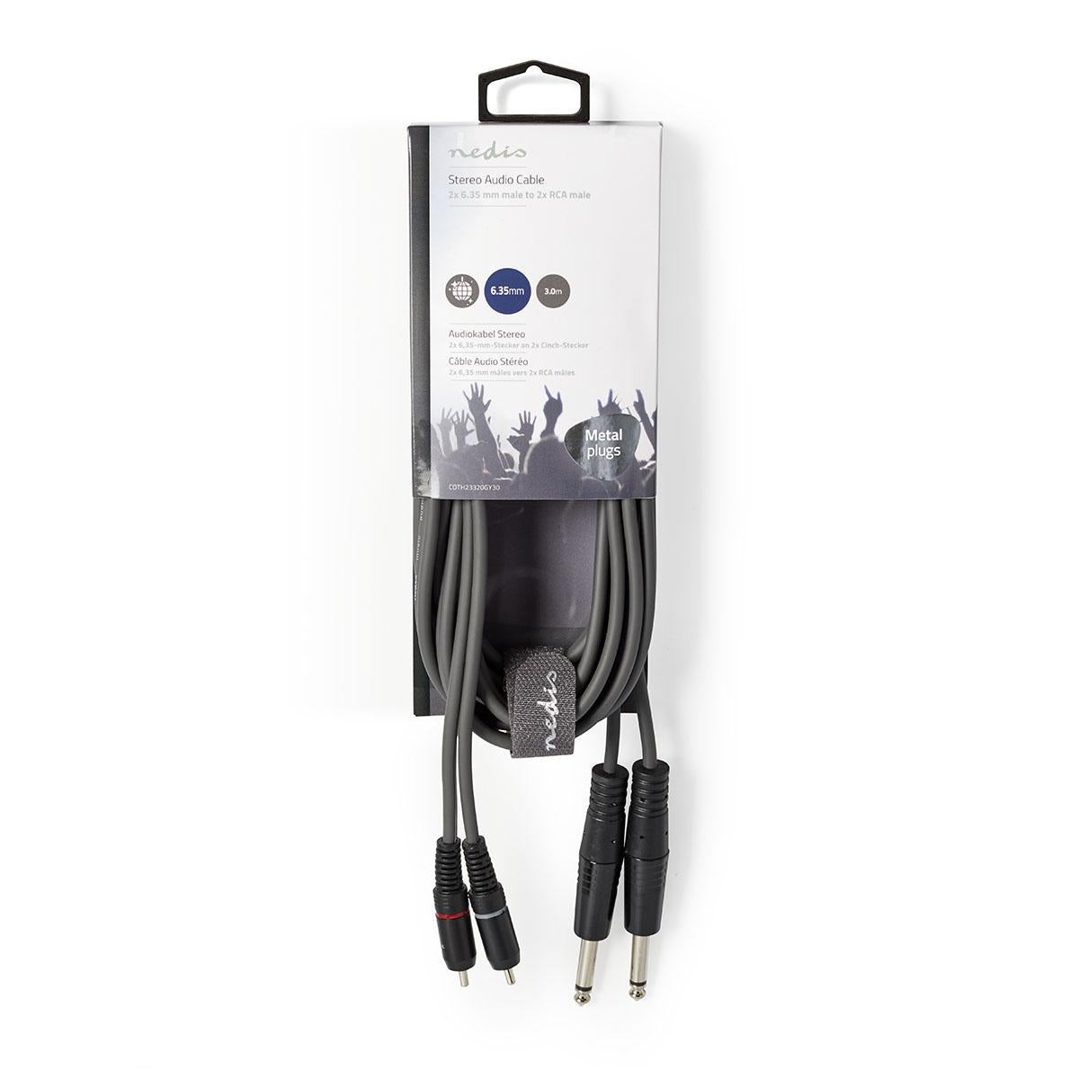 Stereo-Audiokabel | 2x 6.35 mm Stecker | 2x RCA Stecker | Vernickelt | 3.00 m | Rund | Dunkelgrau | Kartonhülle