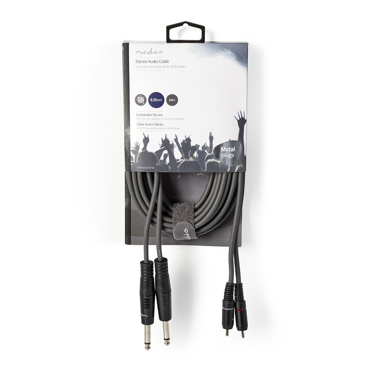 Stereo-Audiokabel | 2x 6.35 mm Stecker | 2x RCA Stecker | Vernickelt | 5.00 m | Rund | Dunkelgrau | Kartonhülle