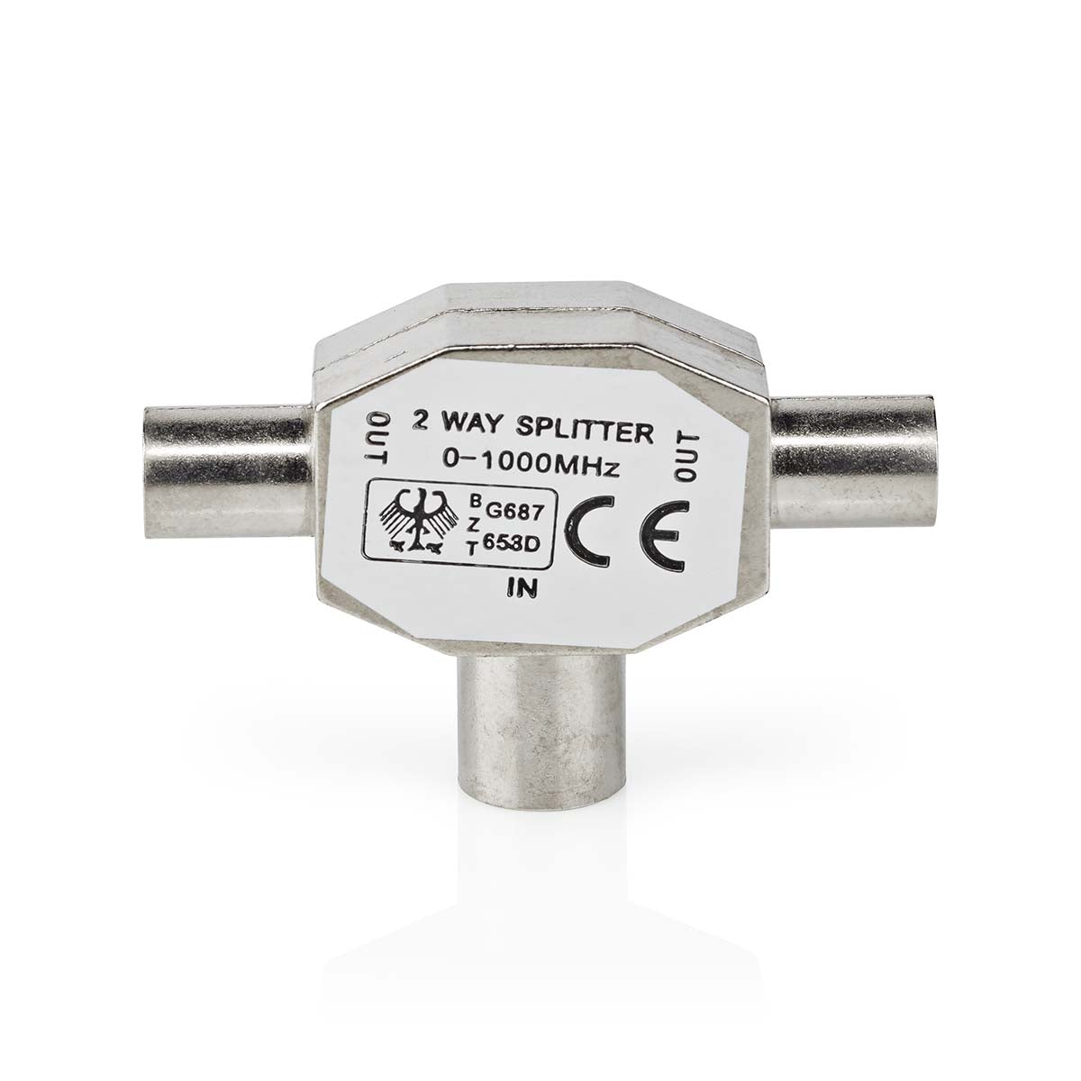 Satelliten- und Antennenadapter | 2x Coax Stecker | IEC (Coax) Buchse | Vernickelt | 75 Ohm | T-Splitter | Metall | Silber | 1 Stück | Box