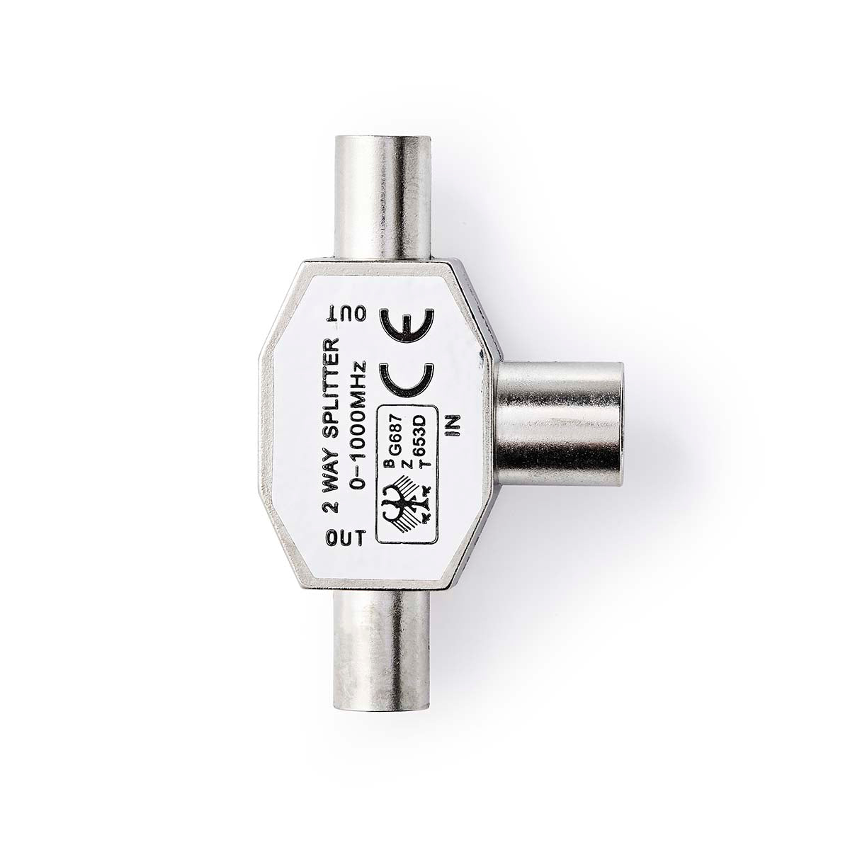 Satelliten- und Antennenadapter | 2x Coax Stecker | IEC (Coax) Buchse | Vernickelt | 75 Ohm | T-Splitter | Metall | Silber | 1 Stück | Box