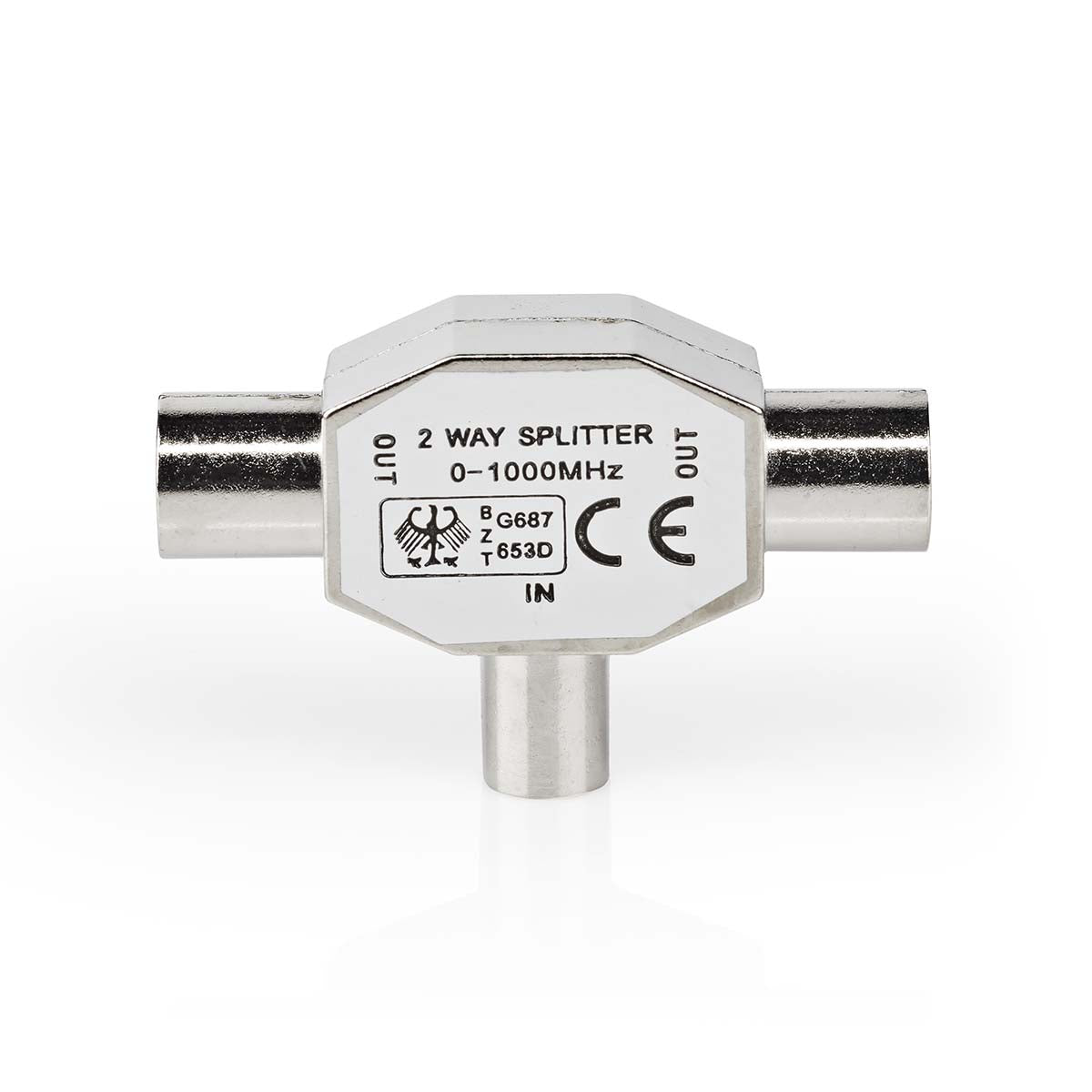 Satelliten- und Antennenadapter | IEC (Coax) Stecker | 2x Coax Buchse | Vernickelt | 75 Ohm | T-Splitter | Metall | Silber | 1 Stück | Box