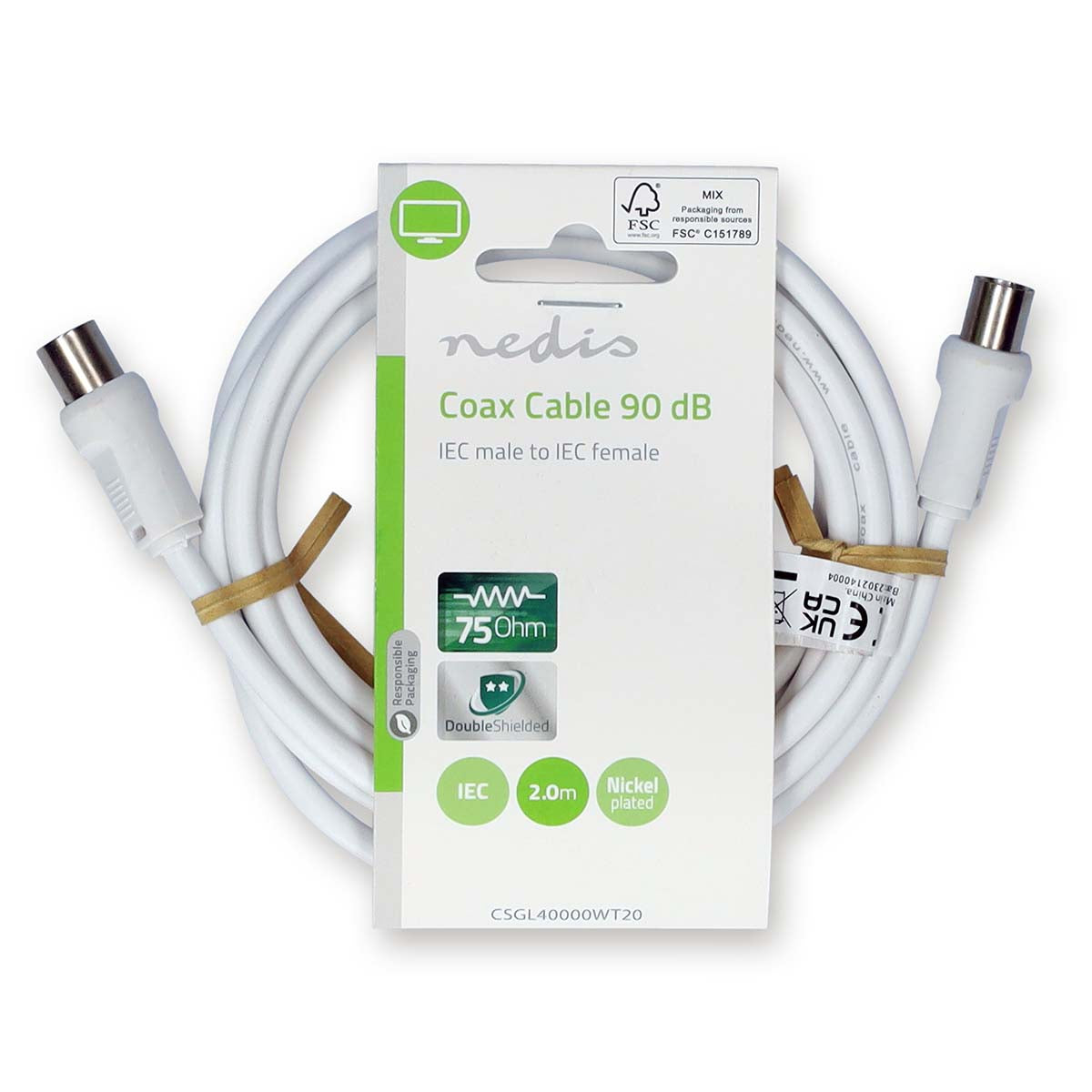 Koaxial Kabel | IEC (Coax) Stecker | IEC (Coax) Buchse | Vernickelt | 90 dB | 75 Ohm | Doppelt geschirmt | 2.00 m | Rund | PVC | Weiss | Label