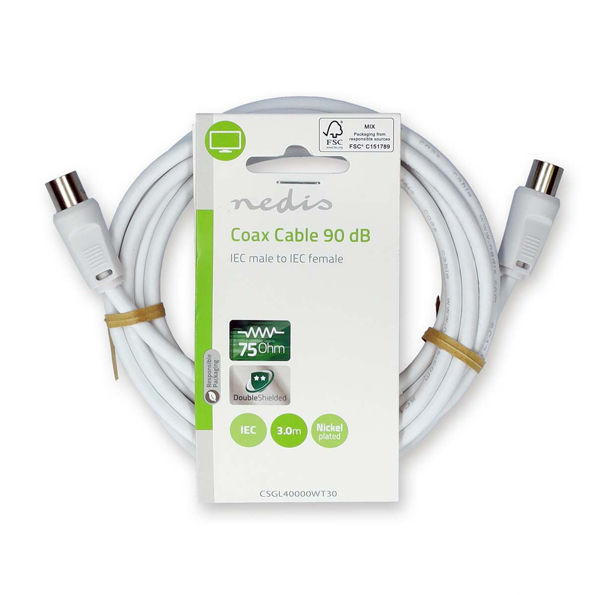 Koaxial Kabel | IEC (Coax) Stecker | IEC (Coax) Buchse | Vernickelt | 90 dB | 75 Ohm | Doppelt geschirmt | 3.00 m | Rund | PVC | Weiss | Label