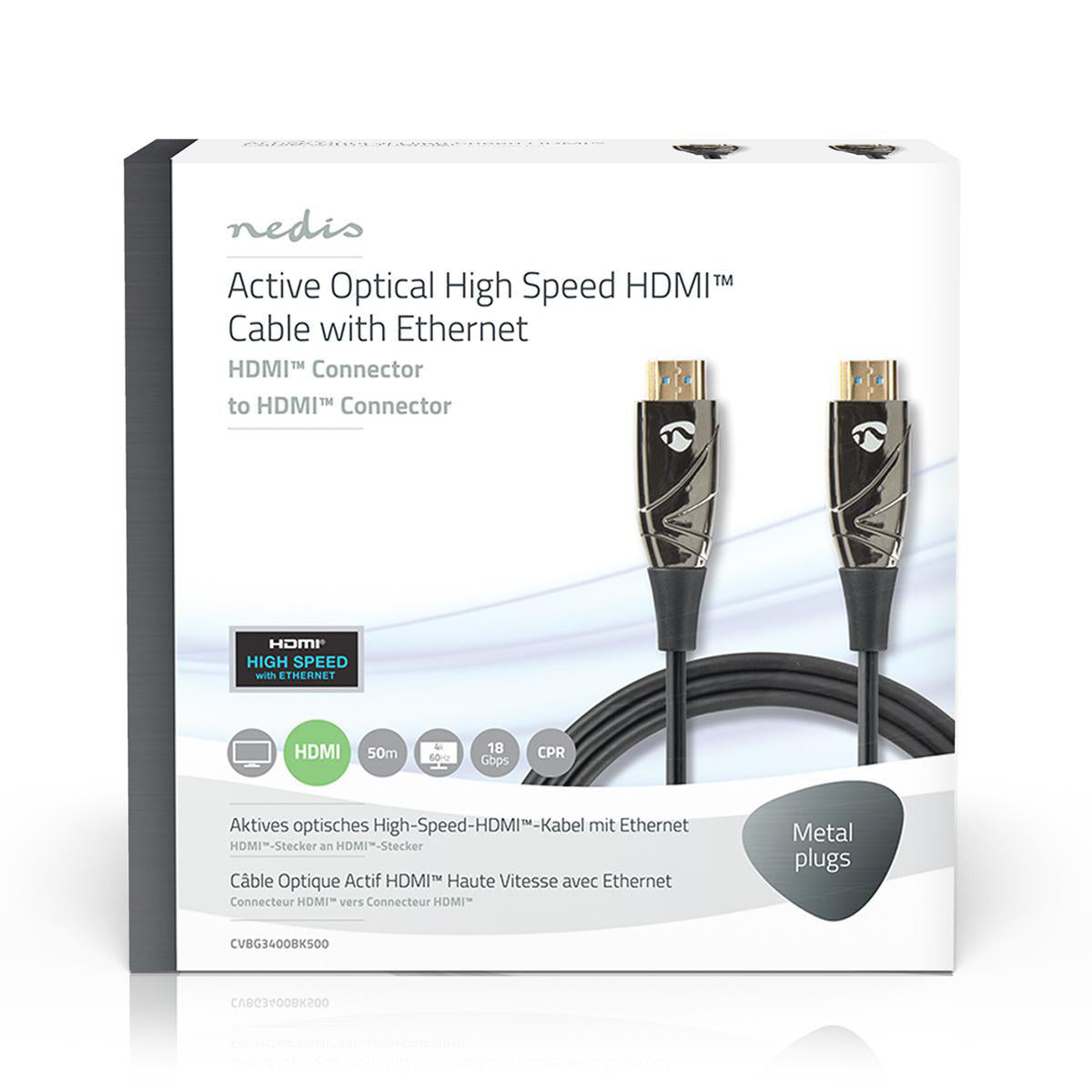 Aktive optische High Speed HDMI-Kabel mit Ethernet | HDMI™ Stecker | HDMI™ Stecker | 4K@60Hz | 18 Gbps | 50.0 m | Rund | PVC | Schwarz | Kartonverpackung