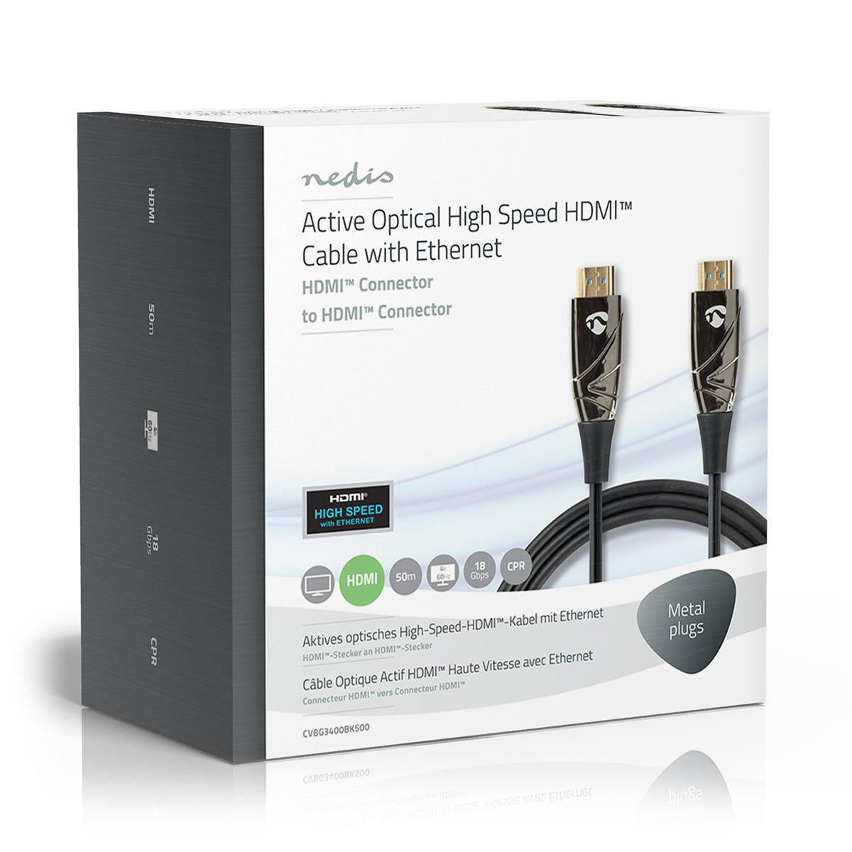 Aktive optische High Speed HDMI-Kabel mit Ethernet | HDMI™ Stecker | HDMI™ Stecker | 4K@60Hz | 18 Gbps | 50.0 m | Rund | PVC | Schwarz | Kartonverpackung
