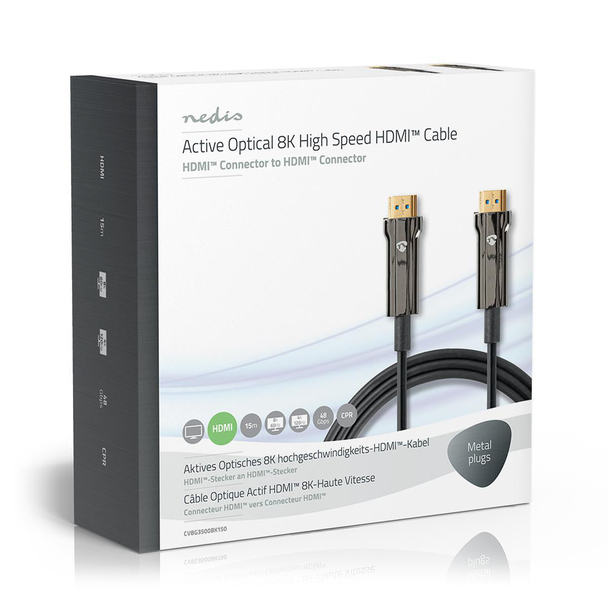 Aktive Optische Ultra High Speed HDMI-Kabel mit Ethernet | HDMI™ Stecker | HDMI™ Stecker | 8K@60Hz | 48 Gbps | 15.0 m | Rund | PVC | Schwarz | Kartonverpackung