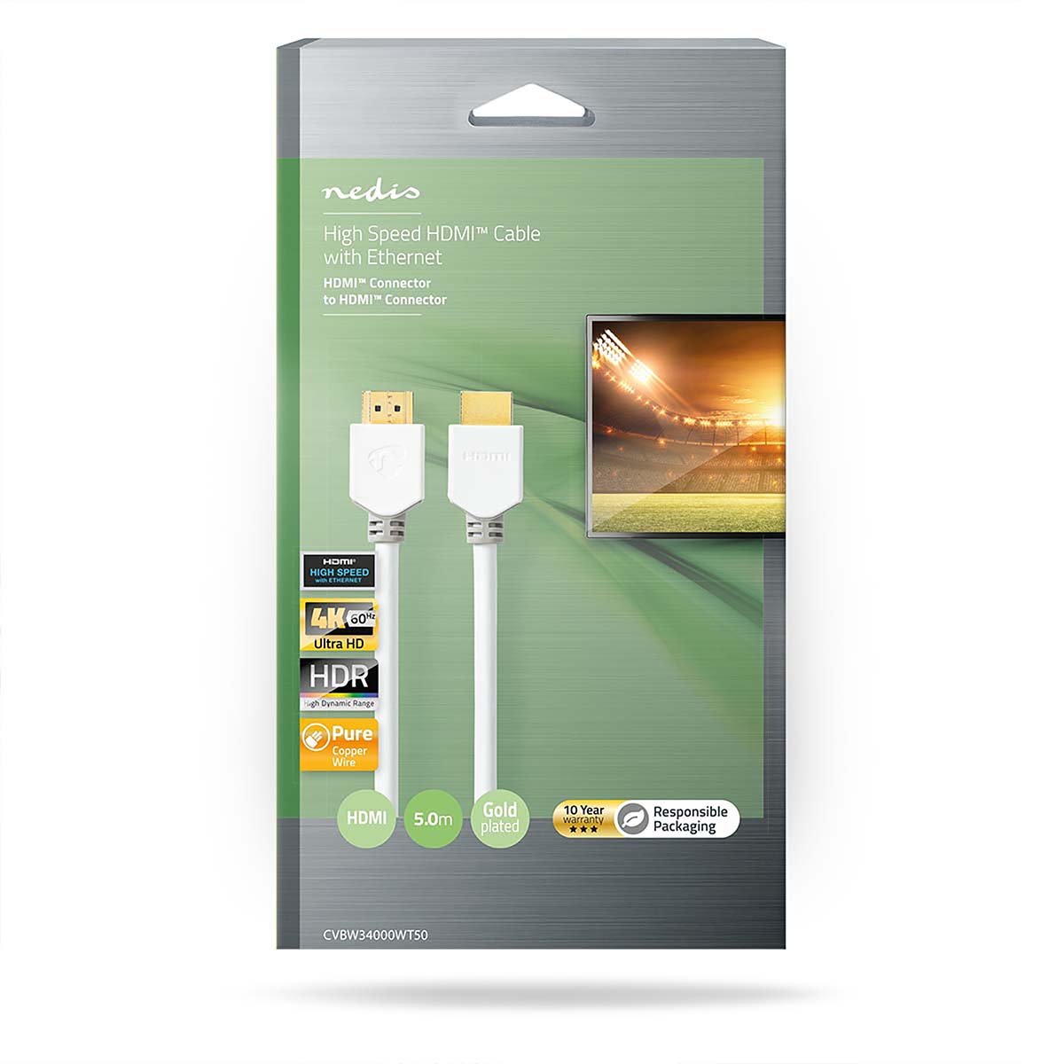 High Speed HDMI ™ Kabel mit Ethernet | HDMI™ Stecker | HDMI™ Stecker | 4K@60Hz | ARC | 18 Gbps | 5.00 m | Rund | PVC | Weiss | Box