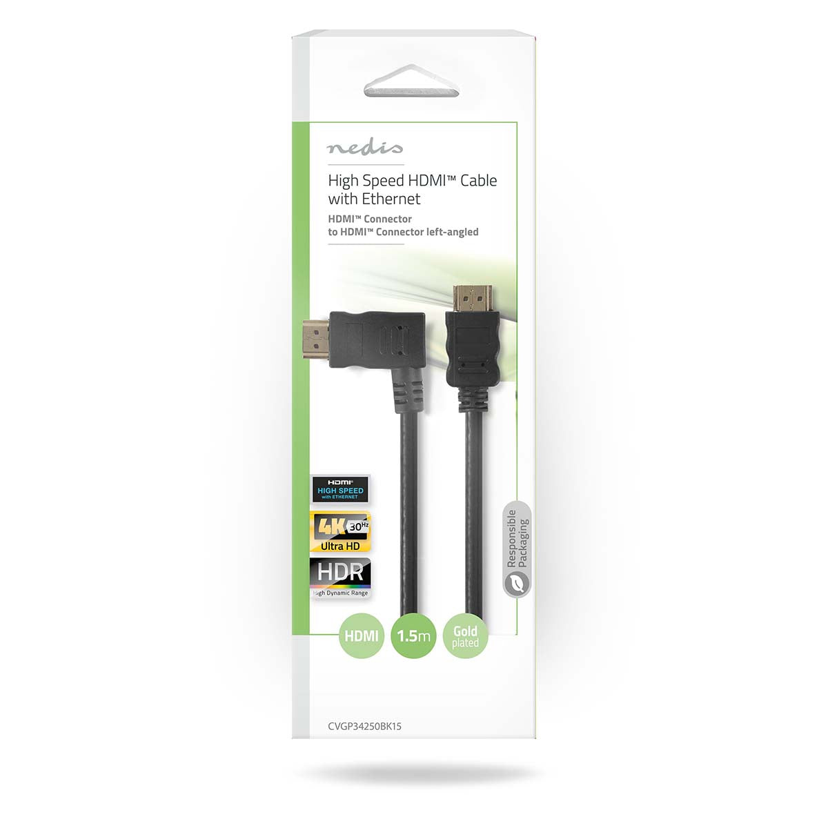 High Speed HDMI ™ Kabel mit Ethernet | Linke Hooked HDMI ™ Anschluss | HDMI™ Stecker | 4K@30Hz | 10.2 Gbps | 1.50 m | Rund | PVC | Schwarz | Plastikbeutel