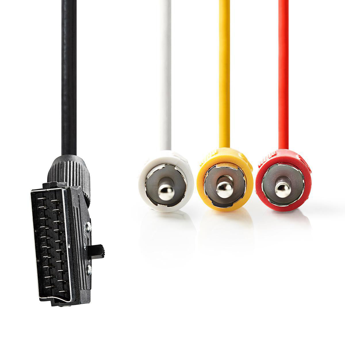 SCART-Kabel | SCART Stecker | 3x Cinch-Stecker | Vernickelt | Schaltbar | 480p | 2.00 m | Rund | PVC | Schwarz | Aufhänger