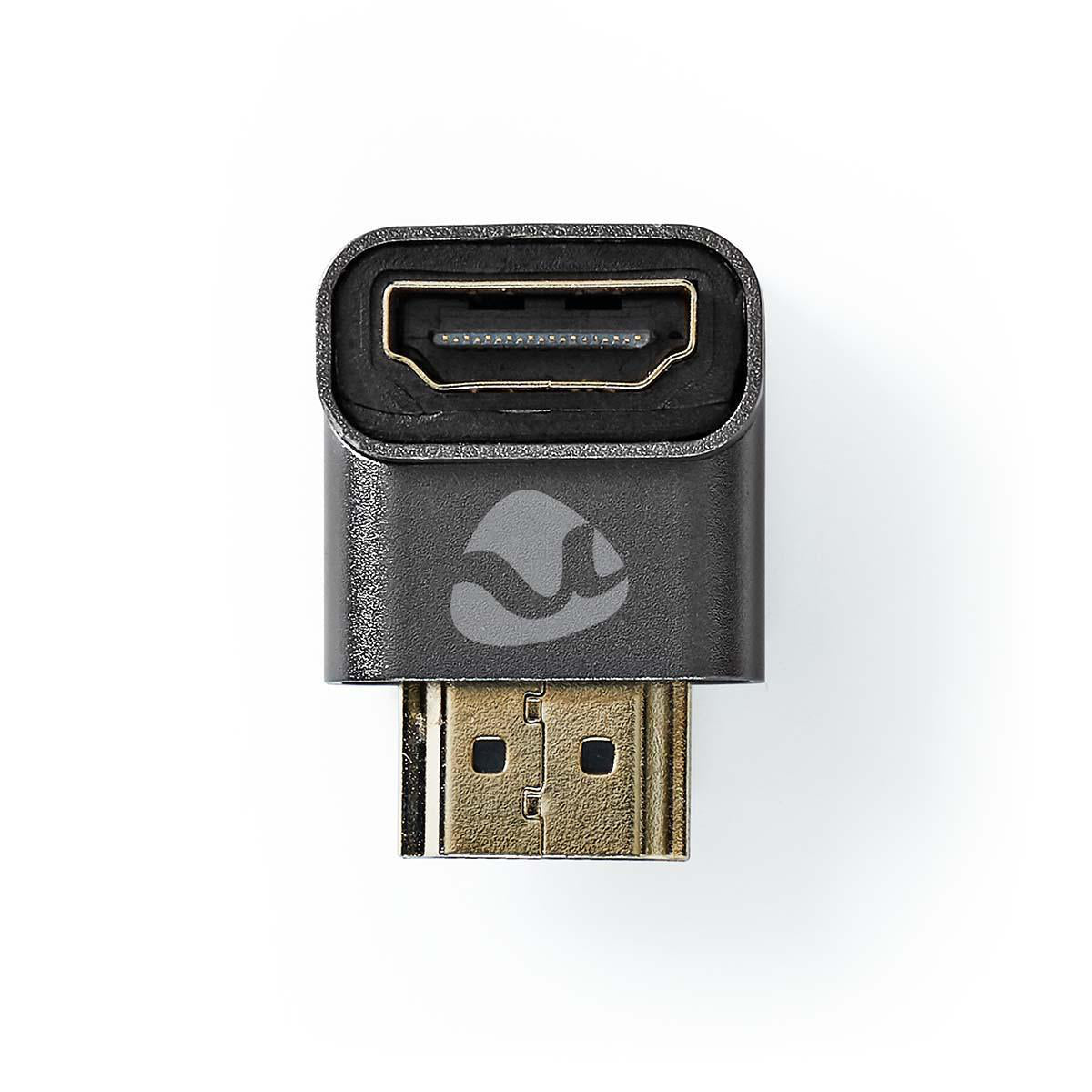 HDMI™ -Adapter | HDMI™ Stecker | HDMI™ Ausgang / HDMI™ Buchse | Vergoldet | 90° abgewinkelt | Aluminium | Gun Metal Grau | 1 Stück | Verpackung mit Sichtfenster