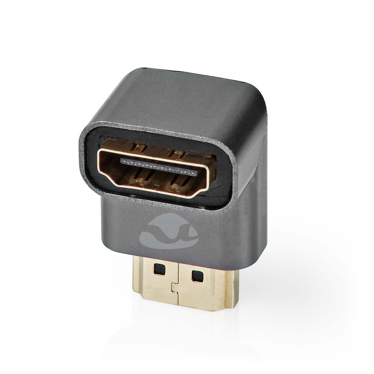 HDMI™ -Adapter | HDMI™ Stecker | HDMI™ Ausgang / HDMI™ Buchse | Vergoldet | 90° abgewinkelt | Aluminium | Gun Metal Grau | 1 Stück | Verpackung mit Sichtfenster