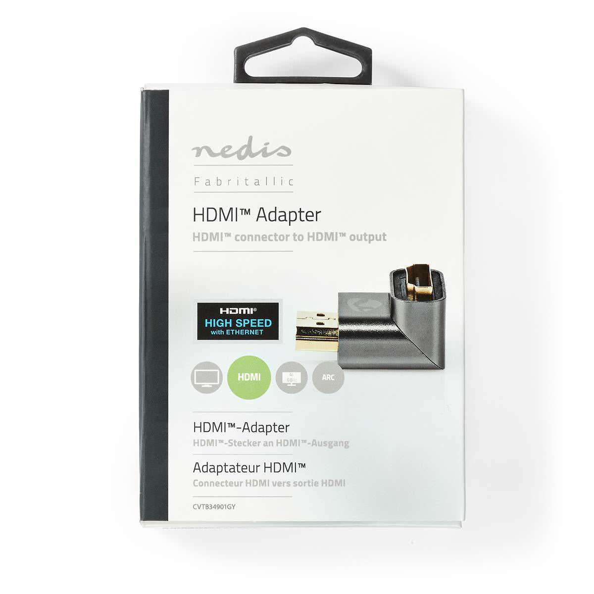 HDMI™ -Adapter | HDMI™ Stecker | HDMI™ Ausgang / HDMI™ Buchse | Vergoldet | 90° abgewinkelt | Aluminium | Gun Metal Grau | 1 Stück | Verpackung mit Sichtfenster