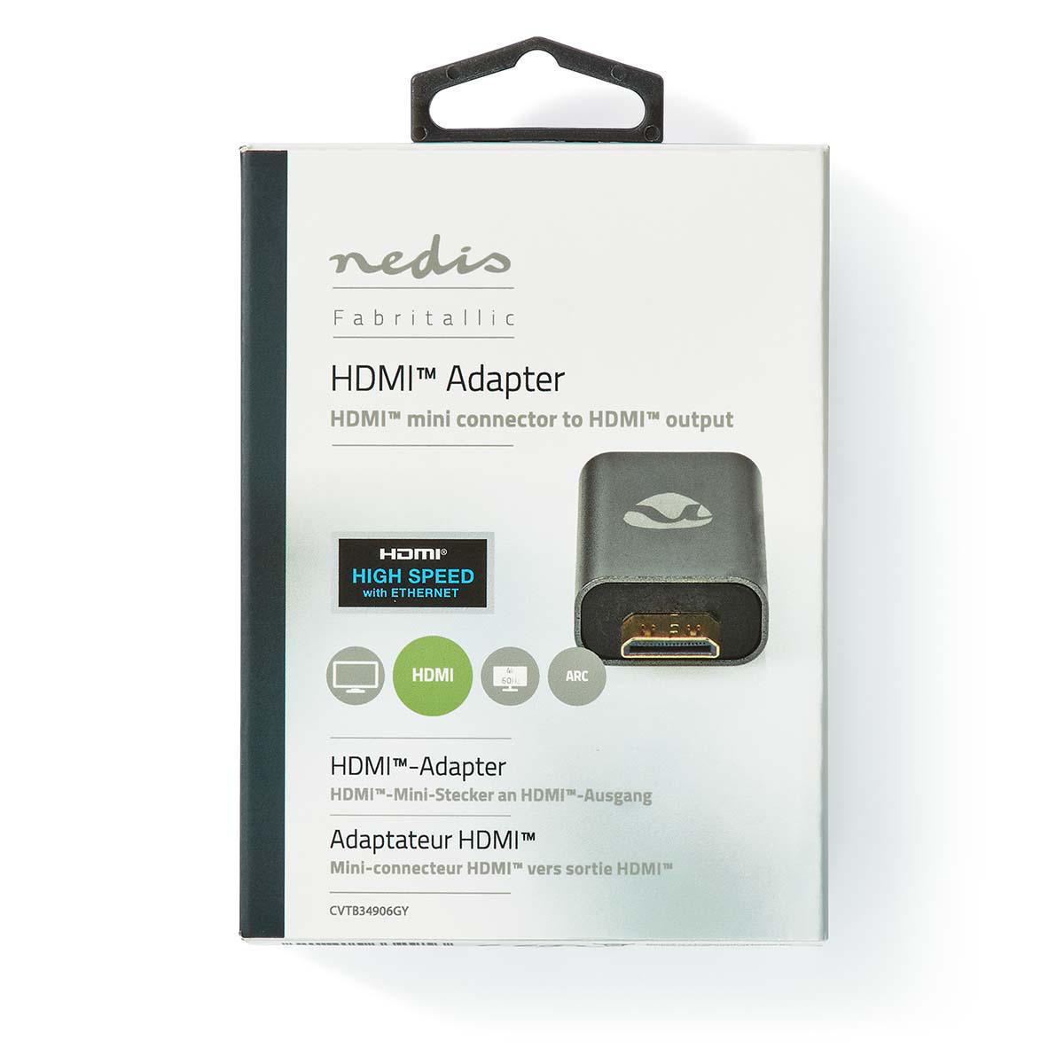 HDMI™ -Adapter | HDMI™ Mini Stecker / HDMI™ Stecker | HDMI™ Ausgang / HDMI™ Buchse | Vergoldet | Gerade | Aluminium | Gun Metal Grau | 1 Stück | Verpackung mit Sichtfenster