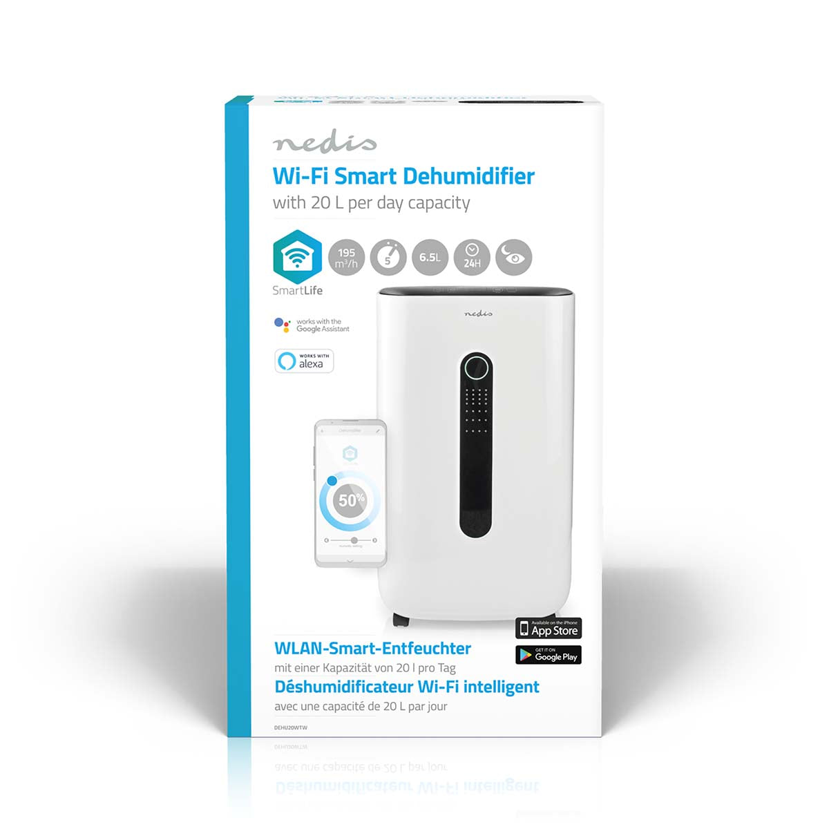 SmartLife Luftentfeuchter | Wi-Fi | 20 l/Tag | Entfeuchtung / Kontinuierlich / Trockene wäsche / Belüftung | Android™ / IOS | Einstellbarer hygrostat | 195 m³/h