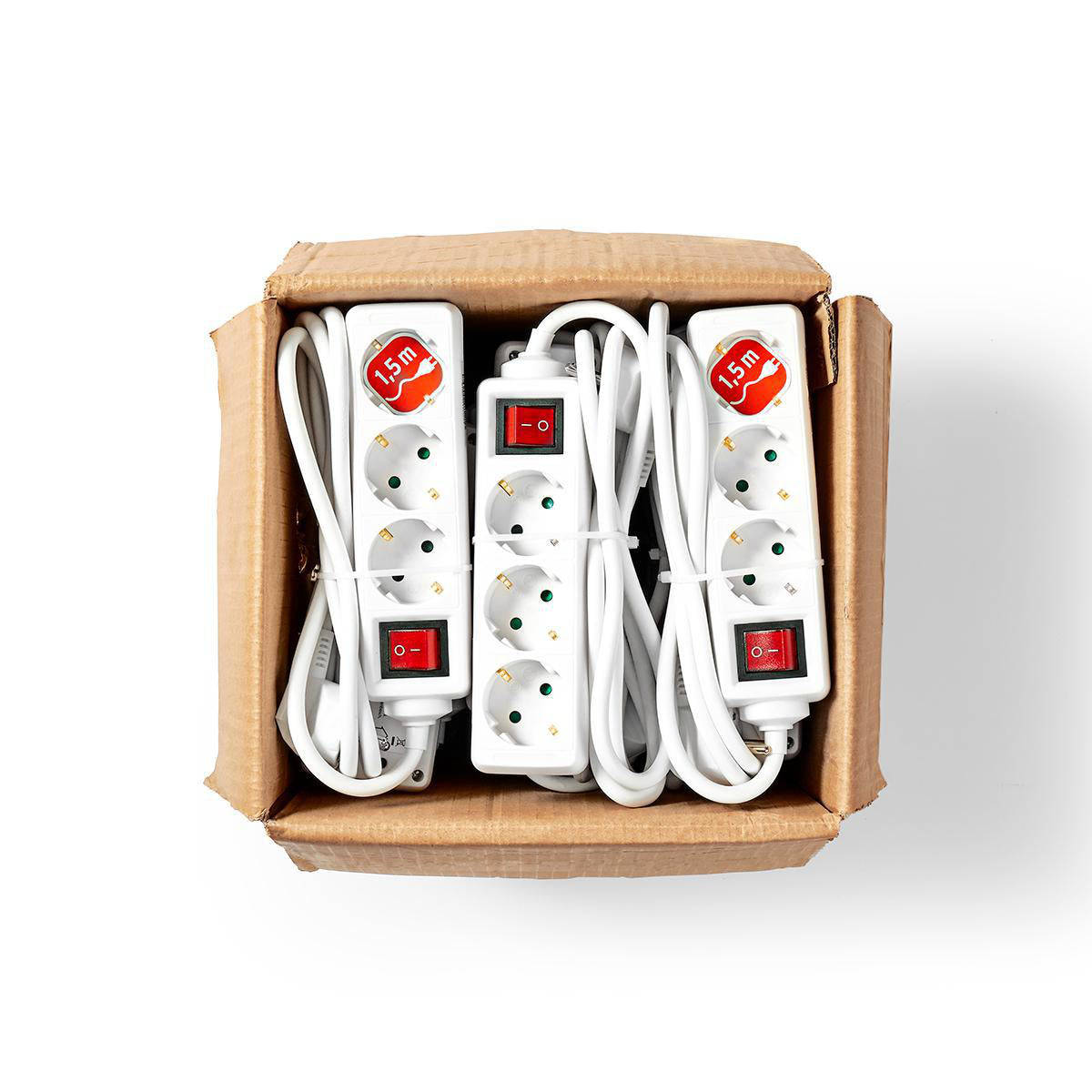 Verlängerungsbuchse | Schutzkontakt / Typ F (CEE 7/7) | 3-Wege | 1.50 m | 3680 W | 16 A | Art der Erdung: Seitenkontakte | 230 V AC 50/60 Hz | Buchsenwinkel: 45 ° | H05VV-F 3G1.5mm² | Ein-/Ausschalter | Weiss