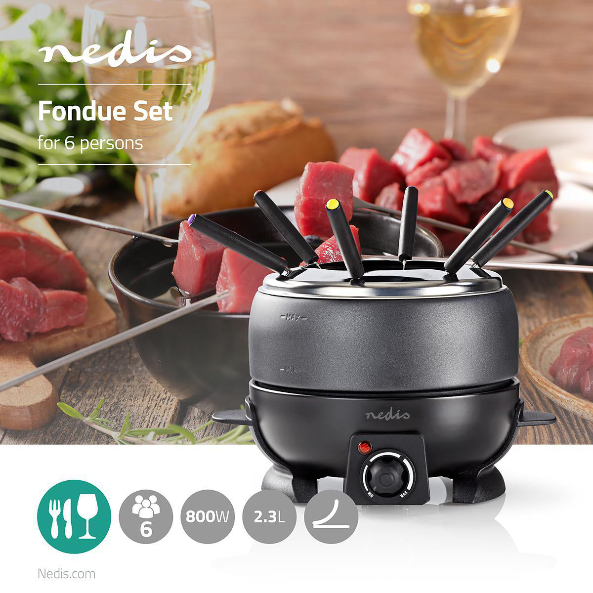 Fondue-Set | 6 Personen | 2.3 l | Einstellbare Temperaturregelung | 800 W | Cool touch Griff | Anti-Rutschboden | Überhitzungsschutz