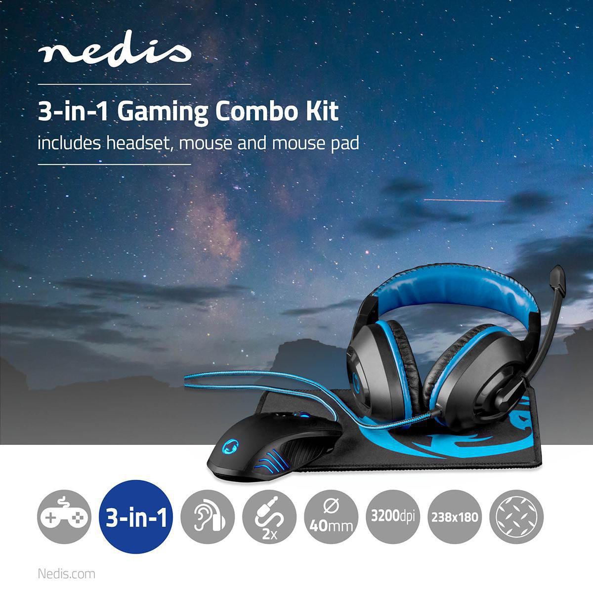 Gaming Combo Kit | 3 in 1 | Headset, Maus und Mauspad | Blau / Schwarz