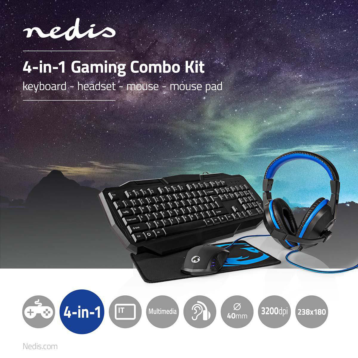 Gaming Combo Kit | 4-in-1 | Tastatur, Headset, Maus und Mauspad | Blau / Schwarz | QWERTY | IT-Layout