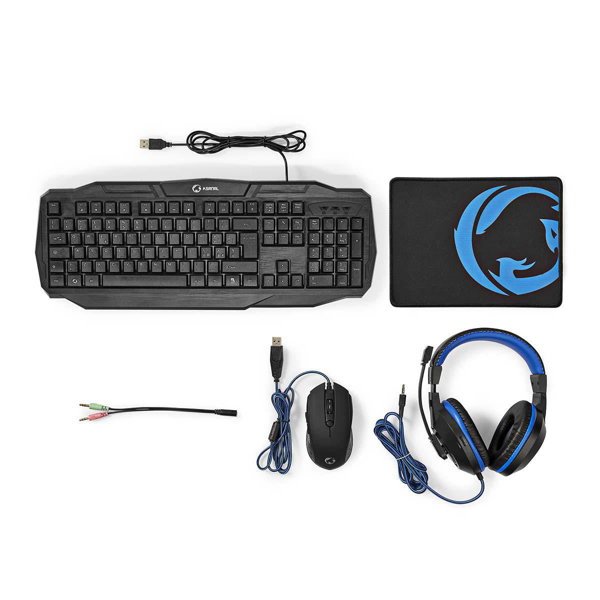 Gaming Combo Kit | 4-in-1 | Tastatur, Headset, Maus und Mauspad | Blau / Schwarz | QWERTY | IT-Layout