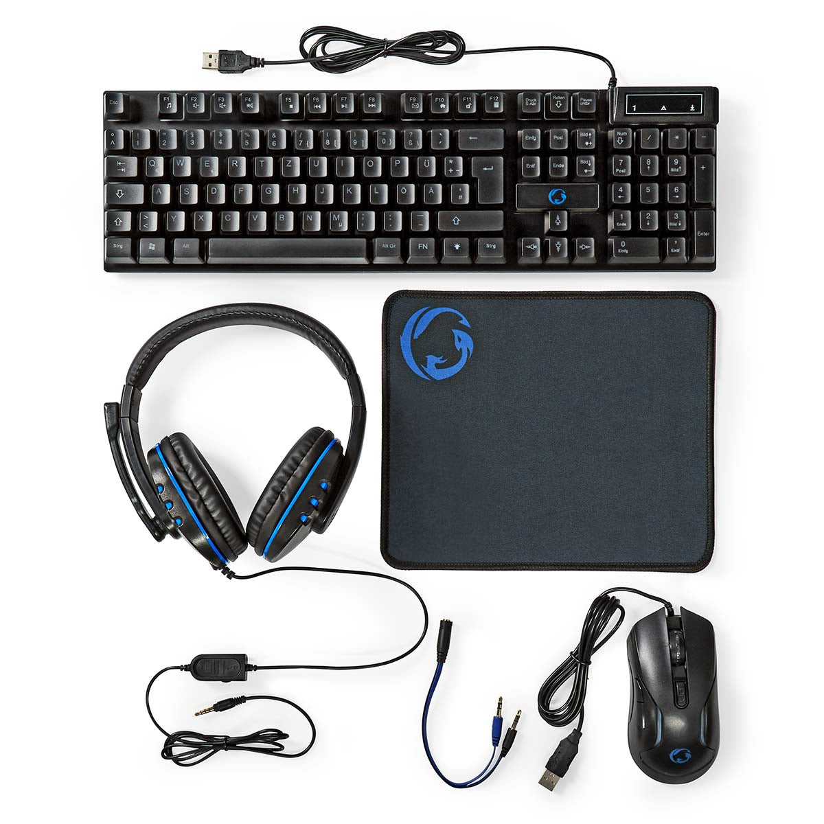 Gaming Combo Kit | 5-in-1 | Tastatur, Headset, Maus und Mauspad | Schwarz | QWERTZ | DE-Layout