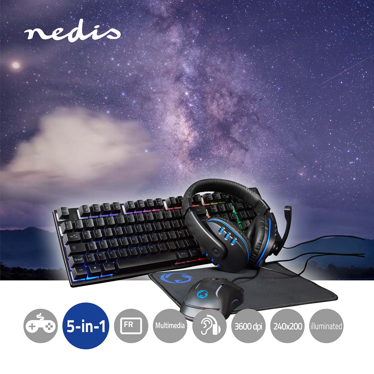 Gaming Combo Kit | 5-in-1 | Tastatur, Headset, Maus und Mauspad | Schwarz | AZERTY | FR-Layout