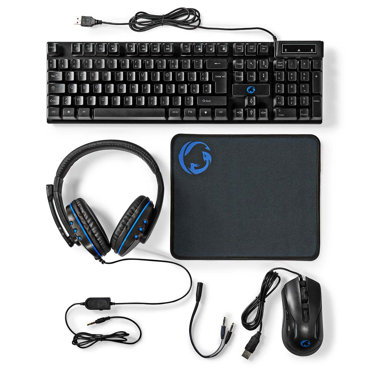 Gaming Combo Kit | 5-in-1 | Tastatur, Headset, Maus und Mauspad | Schwarz | AZERTY | FR-Layout