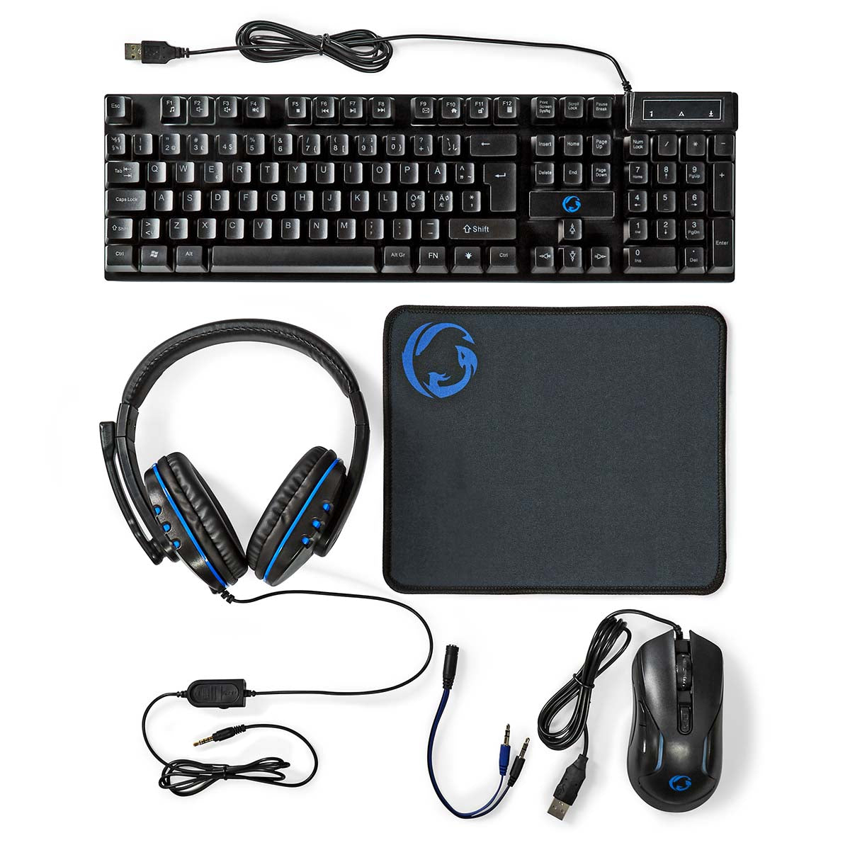 Gaming Combo Kit | 5-in-1 | Tastatur, Headset, Maus und Mauspad | Schwarz | QWERTY | ND-Layout