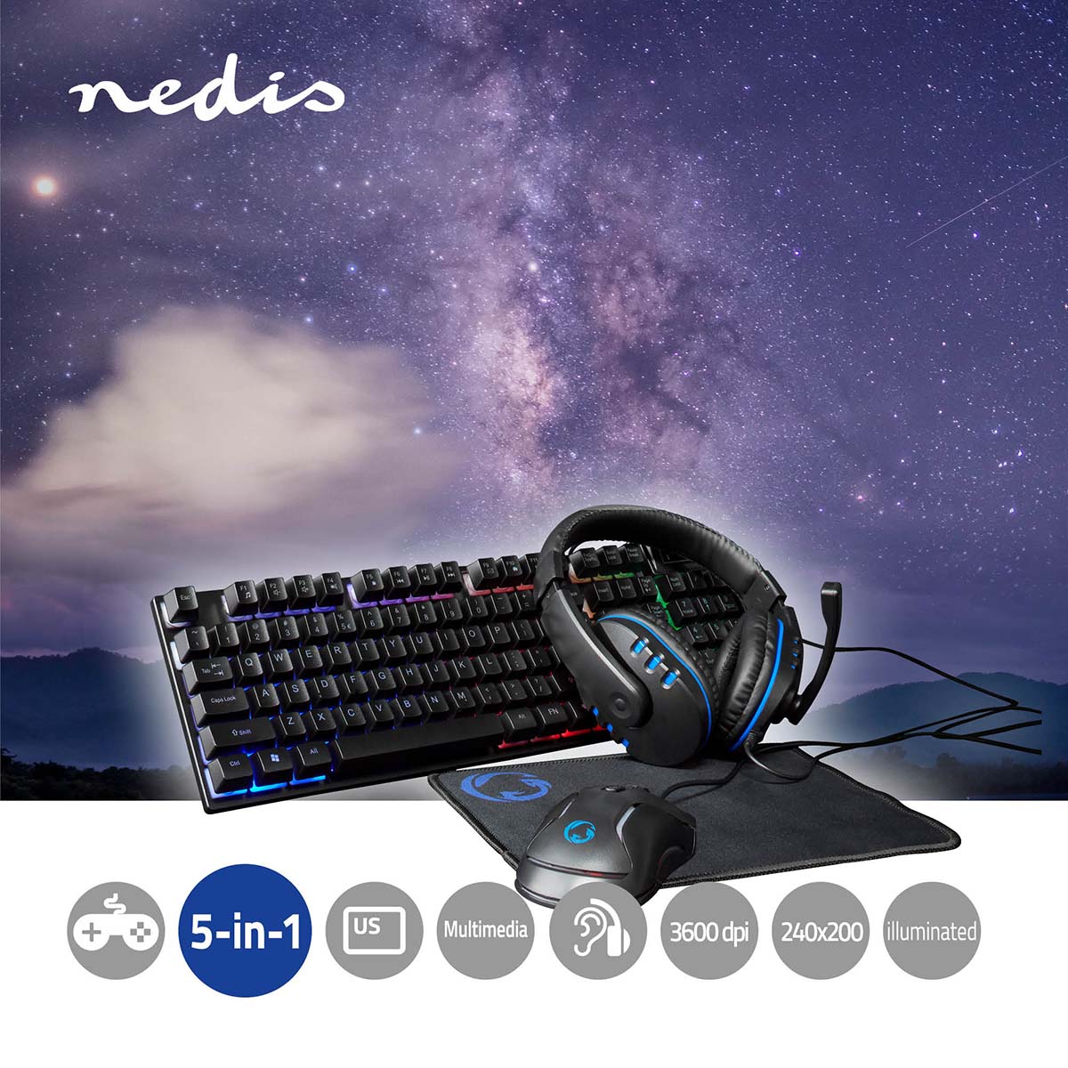 Gaming Combo Kit | 5-in-1 | Tastatur, Headset, Maus und Mauspad | Schwarz | QWERTY | US-Layout