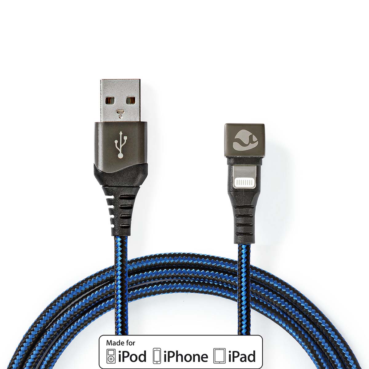 USB-Kabel | USB 2.0 | Apple Lightning 8-Pin | USB-A Stecker | 12 W | 480 Mbps | Vernickelt | 1.00 m | Rund | Geflochten / Nylon | Blau / Schwarz | Verpackung mit Sichtfenster