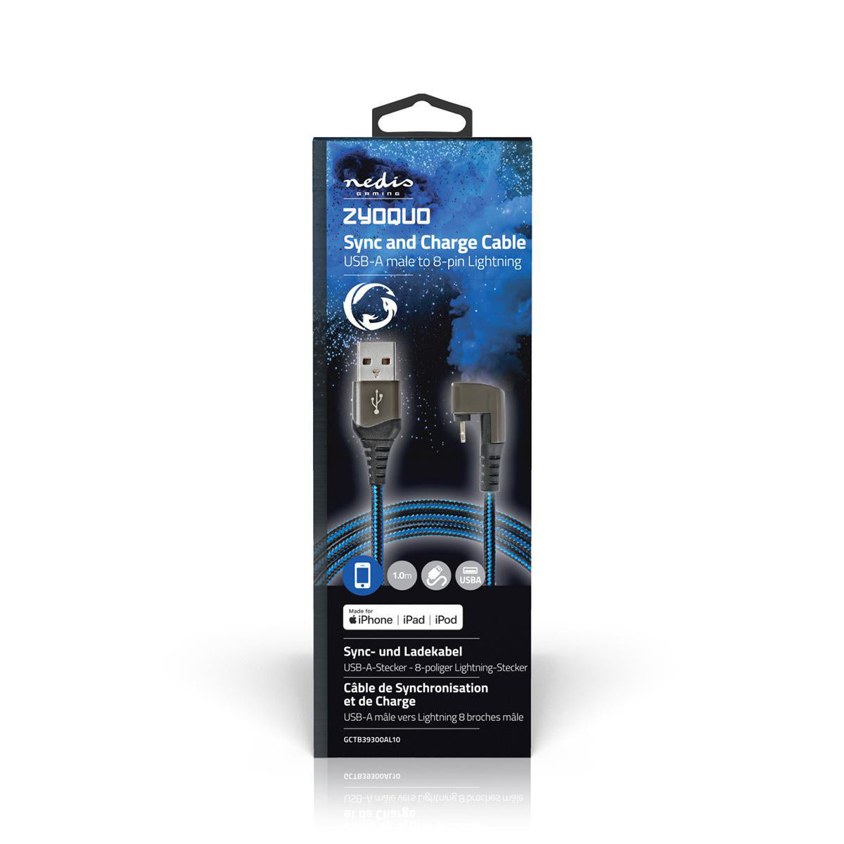 USB-Kabel | USB 2.0 | Apple Lightning 8-Pin | USB-A Stecker | 12 W | 480 Mbps | Vernickelt | 1.00 m | Rund | Geflochten / Nylon | Blau / Schwarz | Verpackung mit Sichtfenster