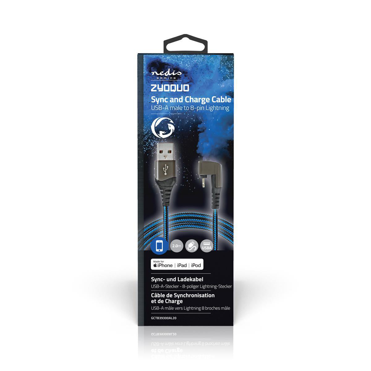 USB-Kabel | USB 2.0 | Apple Lightning 8-Pin | USB-A Stecker | 12 W | 480 Mbps | Vernickelt | 2.00 m | Rund | Geflochten / Nylon | Blau / Schwarz | Verpackung mit Sichtfenster