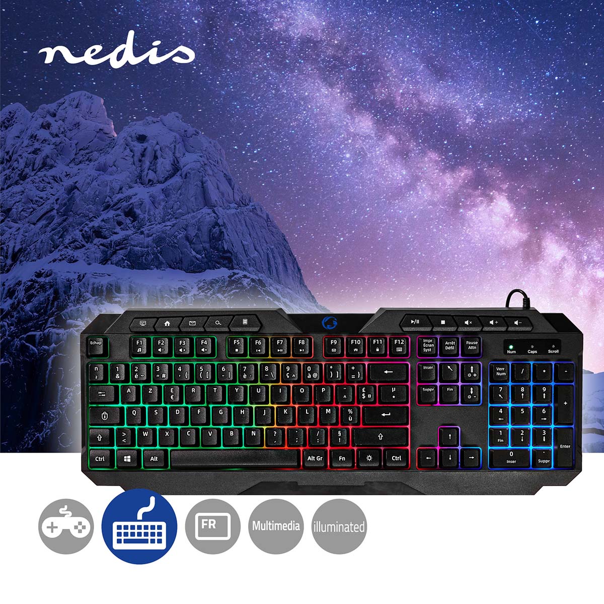 Wired Gaming Keyboard | USB Type-A | Folientasten | LED | AZERTY | FR-Layout | Stromversorgung über USB | Netzkabellänge: 1.30 m | Multimedia