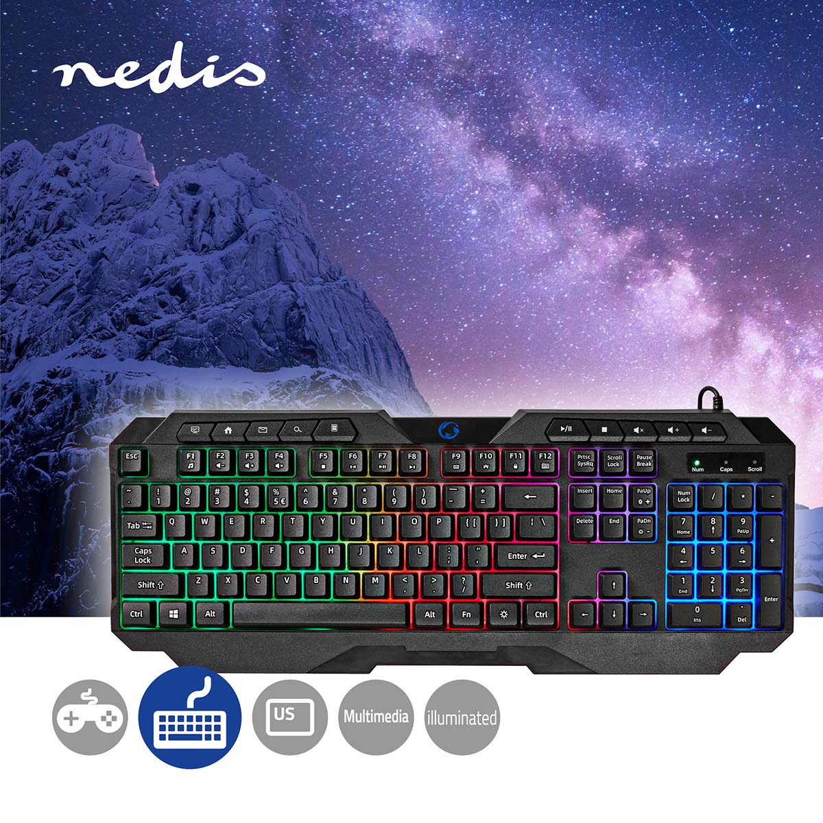 Wired Gaming Keyboard | USB Type-A | Folientasten | LED | QWERTY | US-Layout | Stromversorgung über USB | Netzkabellänge: 1.30 m | Multimedia