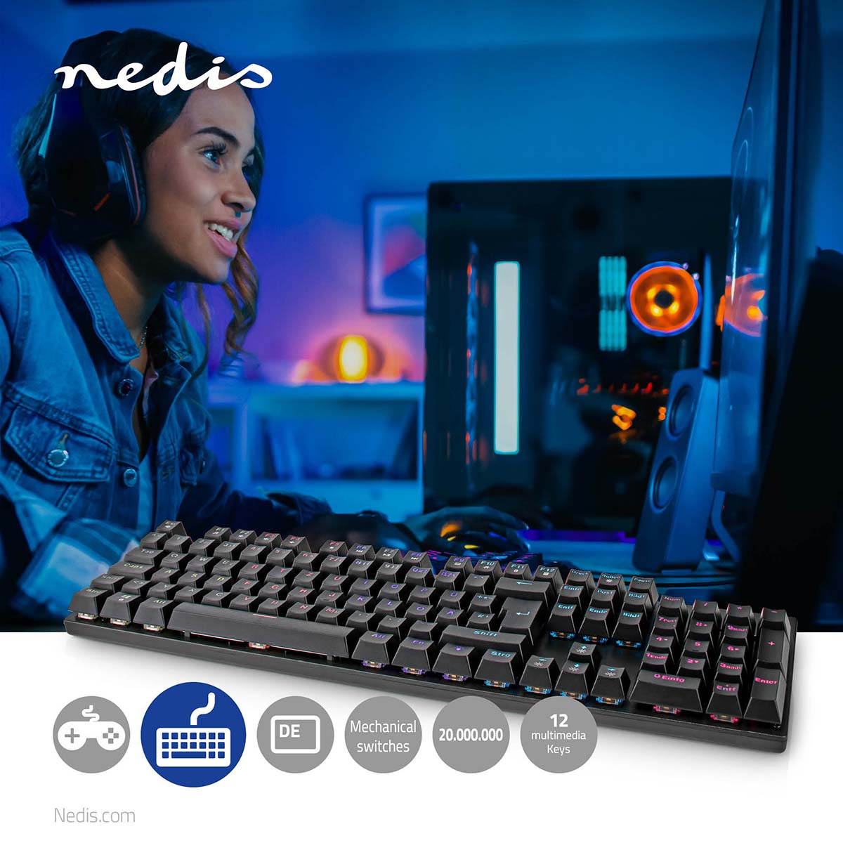 Wired Gaming Keyboard | USB Type-A | Mechanische Tasten | LED | Deutsch | DE-Layout | Stromversorgung über USB | Netzkabellänge: 1.50 m | Gaming
