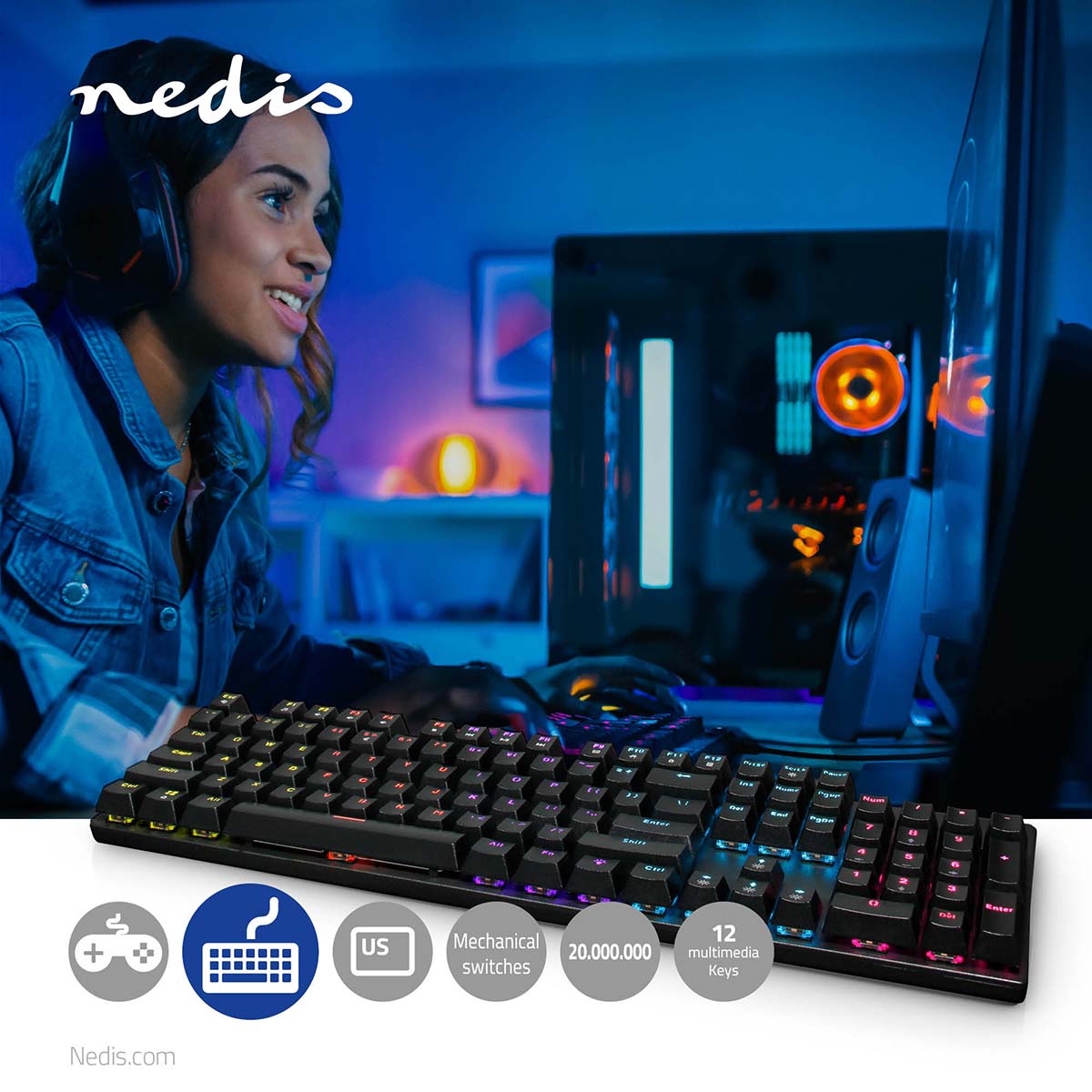 Wired Gaming Keyboard | USB Type-A | Mechanische Tasten | LED | QWERTY | US-Layout | Stromversorgung über USB | Netzkabellänge: 1.50 m | Gaming
