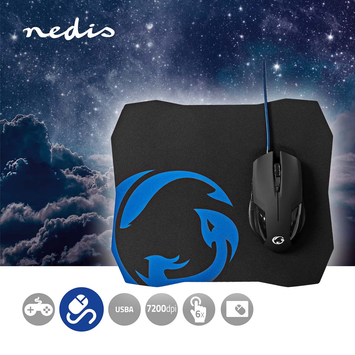 Gaming Mouse & Mouse Pad Set | Verdrahtet | 1200 / 2400 / 4800 / 7200 dpi | Einstellbar DPI | Anzahl Knöpfe: 6 | Rechtshändig | 1.50 m | Ohne Beleuchtung