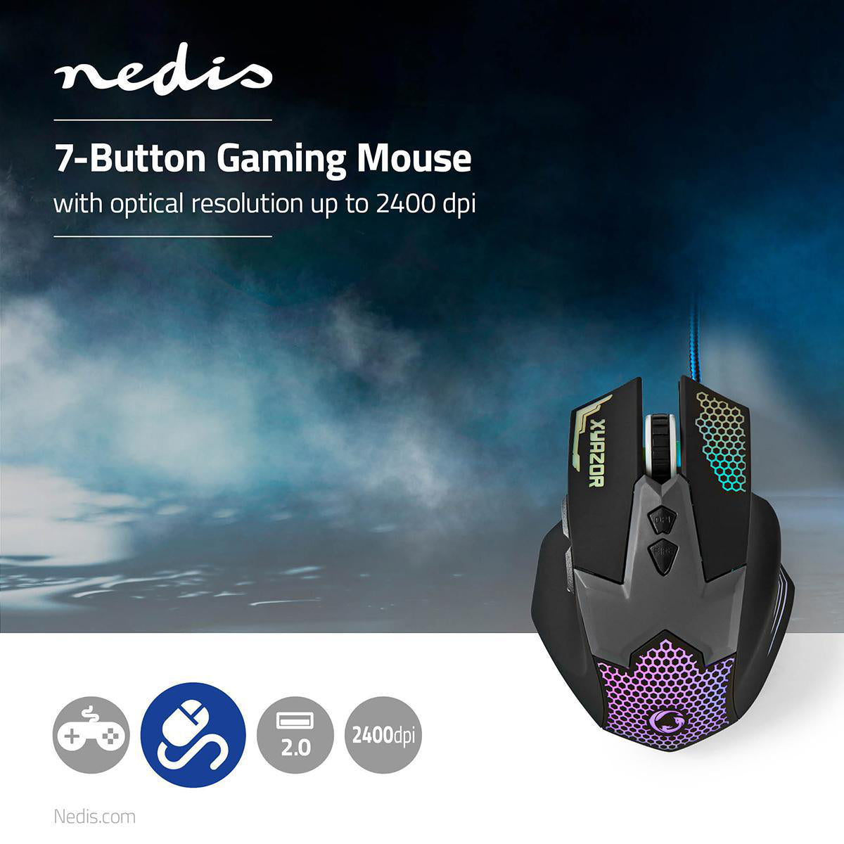 Gaming Mouse | Verdrahtet | 800 / 1200 / 1600 / 2400 dpi | Einstellbar DPI | Anzahl Knöpfe: 7 | Rechtshändig | 1.50 m | LED