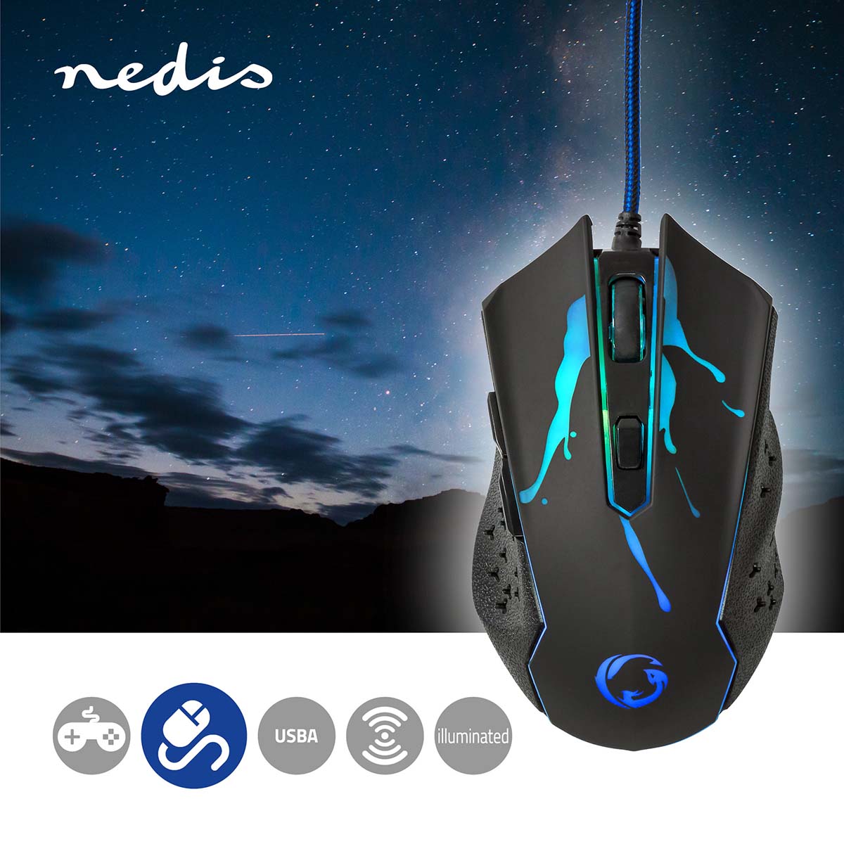 Gaming Mouse | Verdrahtet | 1200 / 1800 / 2400 / 3600 dpi | Einstellbar DPI | Anzahl Knöpfe: 6 | Programmierbare Tasten | Rechtshändig | 1.50 m | LED