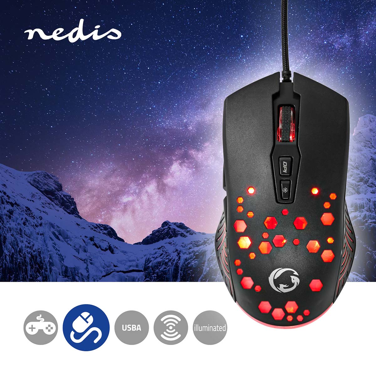 Gaming Mouse | Verdrahtet | 800 / 1200 / 2400 / 3200 / 4800 / 7200 dpi | Einstellbar DPI | Anzahl Knöpfe: 7 | Programmierbare Tasten | Rechtshändig | 1.50 m | RGB