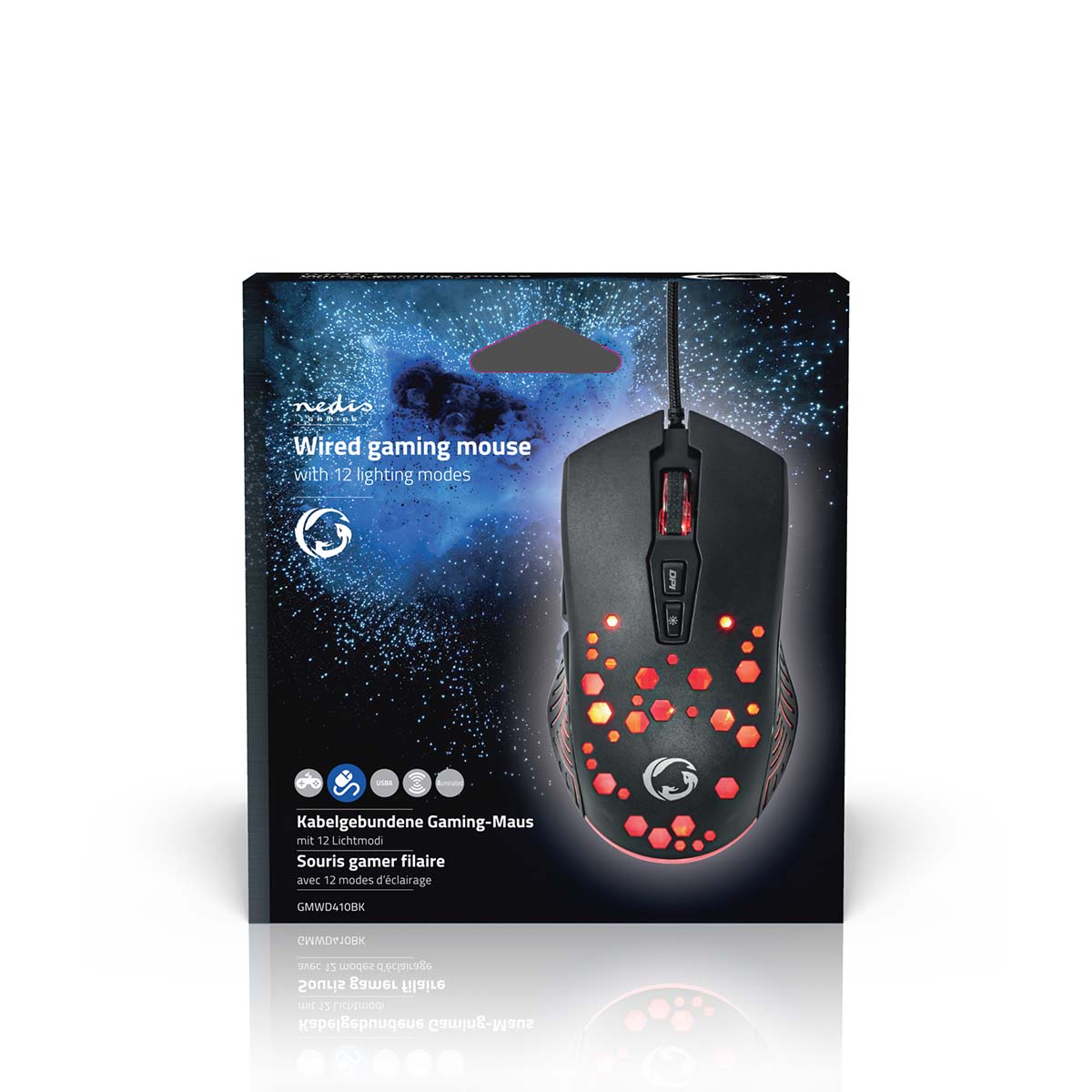 Gaming Mouse | Verdrahtet | 800 / 1200 / 2400 / 3200 / 4800 / 7200 dpi | Einstellbar DPI | Anzahl Knöpfe: 7 | Programmierbare Tasten | Rechtshändig | 1.50 m | RGB