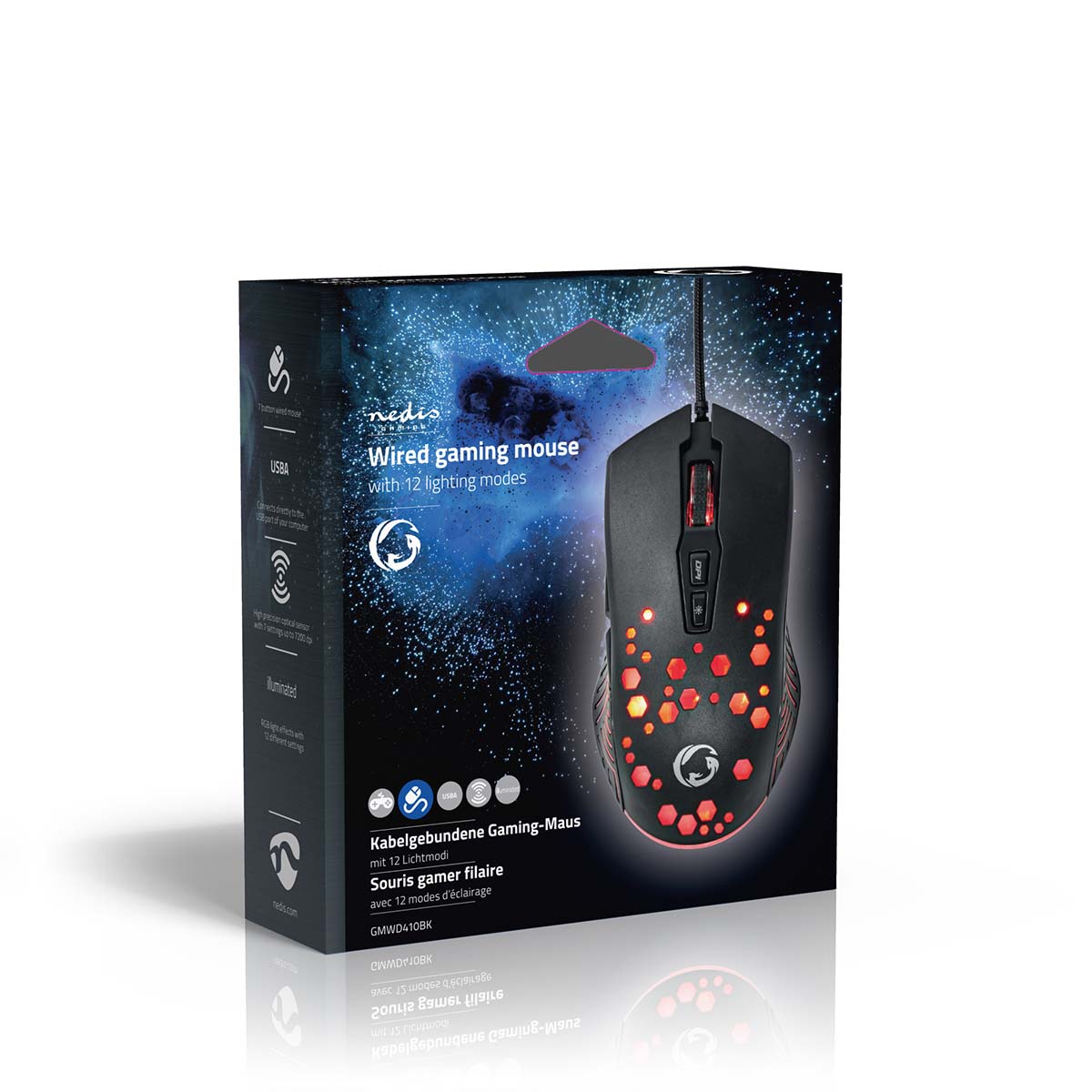 Gaming Mouse | Verdrahtet | 800 / 1200 / 2400 / 3200 / 4800 / 7200 dpi | Einstellbar DPI | Anzahl Knöpfe: 7 | Programmierbare Tasten | Rechtshändig | 1.50 m | RGB