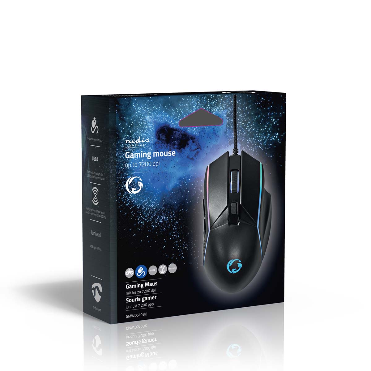 Gaming Mouse | Verdrahtet | 800 / 1200 / 2400 / 3200 / 4800 / 7200 dpi | Einstellbar DPI | Anzahl Knöpfe: 6 | Rechtshändig | 1.50 m | LED