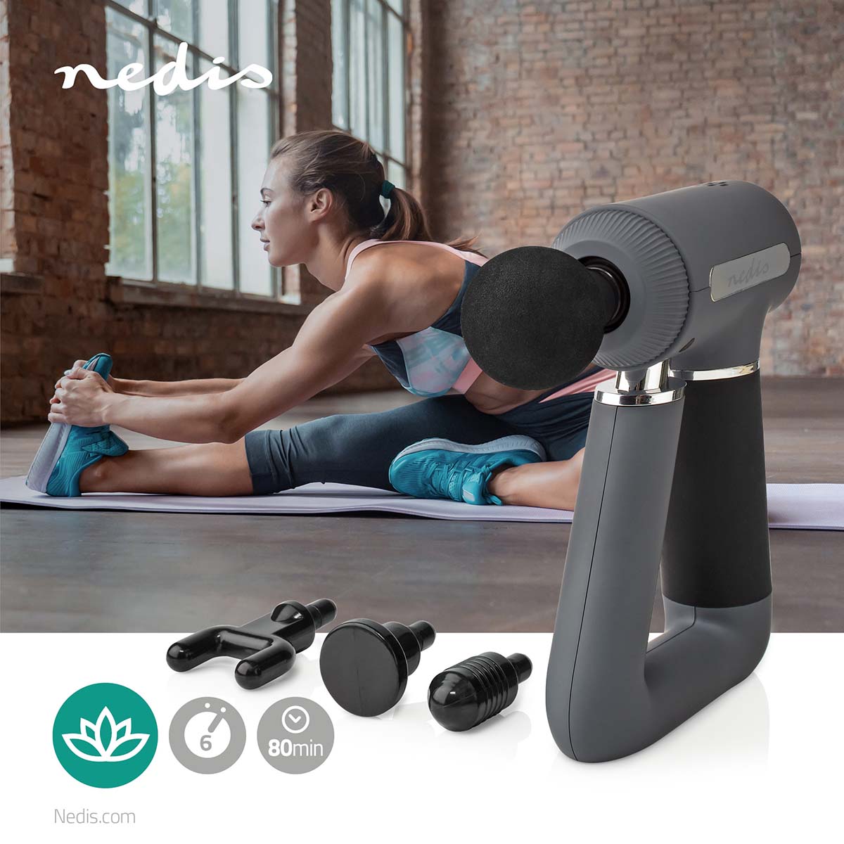 Sport-Massagepistole | Batteriebetrieben | Eingebautes Lithium Ion | Wiederaufladbar | 6 Massagemodi | USB-Kabel | Grau