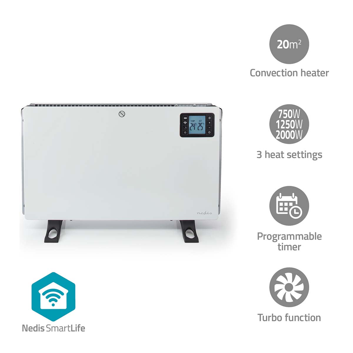 SmartLife Konvektionsheizgeräte | Wi-Fi | 2000 W | 3 Wärmeeinstellungen | LCD | 5 - 37 °C | Verstellbares Thermostat | Weiss